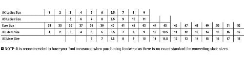 Shoe size conversion chart from UK Ladies to US Men's sizes.