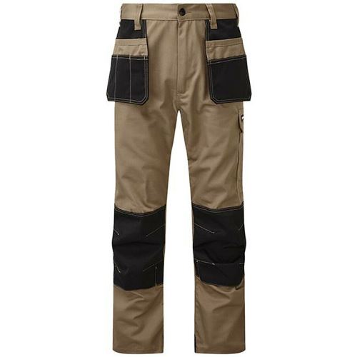 Khaki and black work pants on a white background