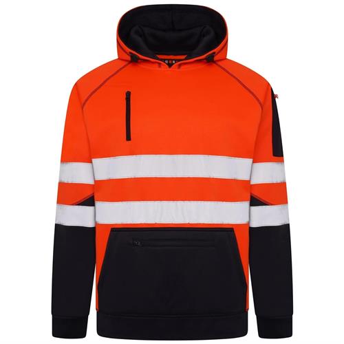 Orange and black hoodie with reflective stripes on a white background
