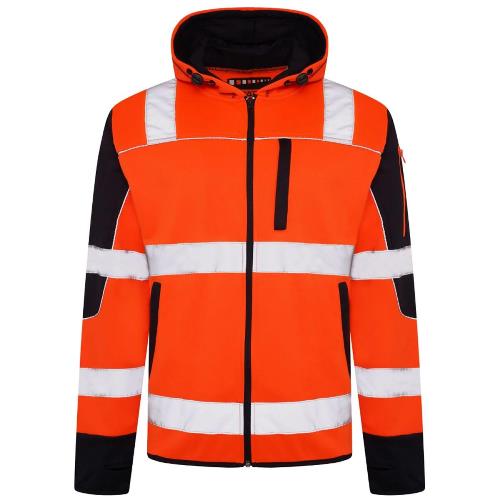 Orange safety jacket with reflective stripes on a white background