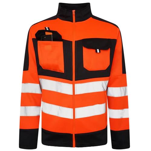 Orange and black safety jacket with reflective stripes on a white background