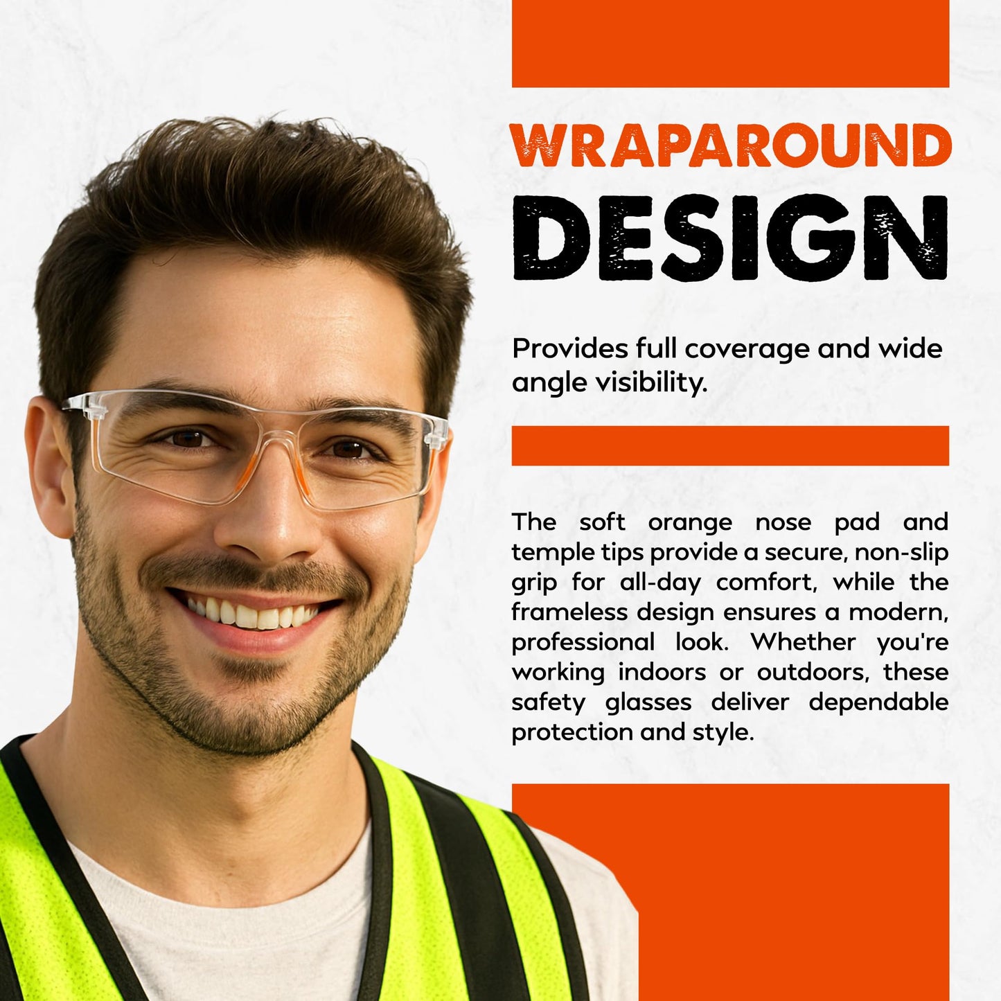 Man wearing safety glasses with text about wraparound design on a white background