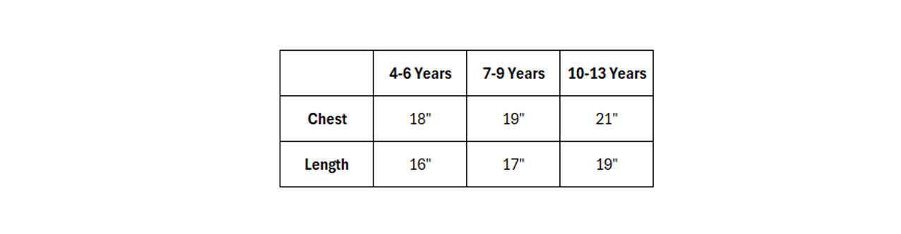 Measurement chart for children's clothing sizes 4-6, 7-9, and 10-13 years.