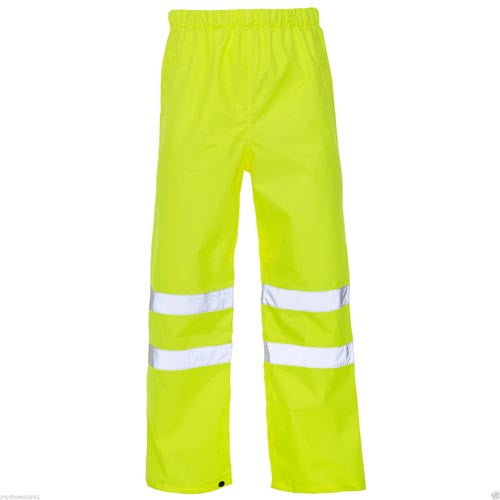 High-visibility yellow pants with reflective stripes on a white background