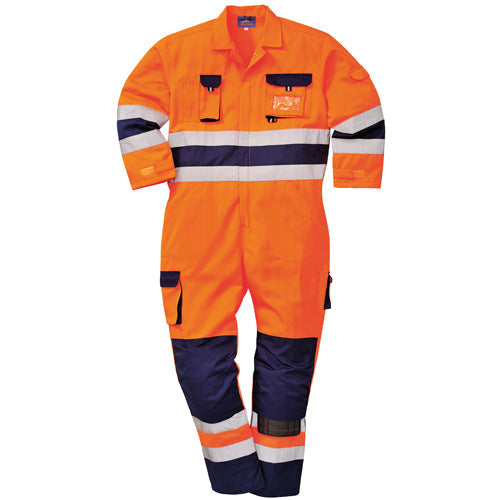 Orange and navy safety coverall with reflective stripes on a white background