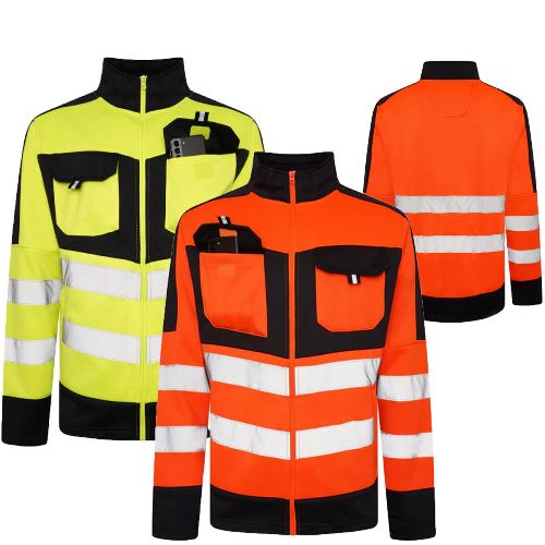 Two high-visibility jackets, one yellow and black, the other orange and black, on a white background.