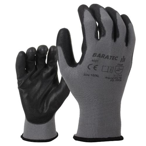 Pair of gray gloves with black palm and text on a white background