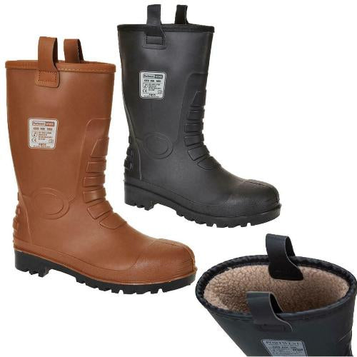 Brown and black rubber boots with Portwest logo on a white background