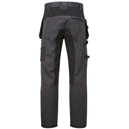 Gray work pants with multiple pockets on a white background