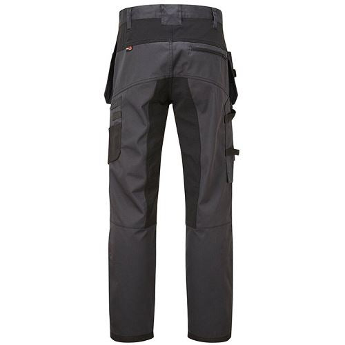 Gray work pants with multiple pockets on a white background