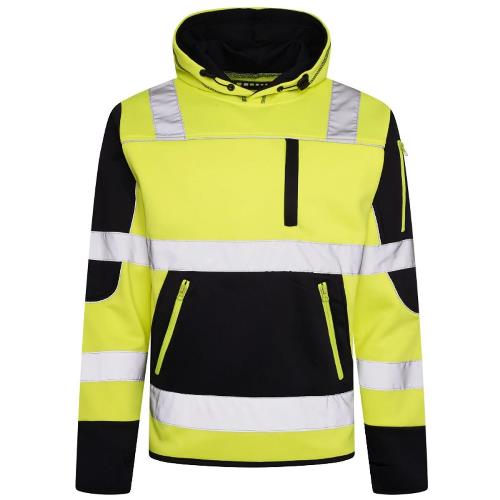 High-visibility jacket with reflective stripes on a white background