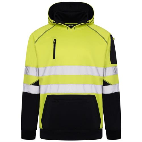High-visibility jacket with reflective stripes on a white background