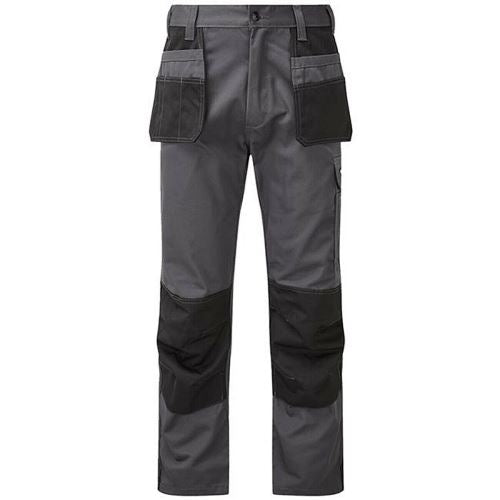 Gray and black work pants with multiple pockets on a white background
