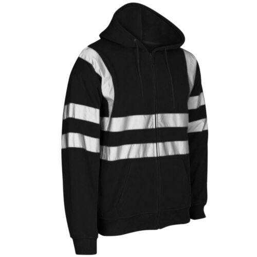 Black hoodie with reflective silver stripes on a white background