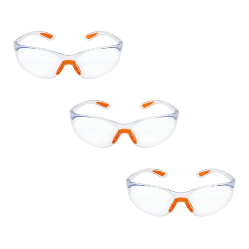 Three pairs of safety glasses with orange accents on a white background
