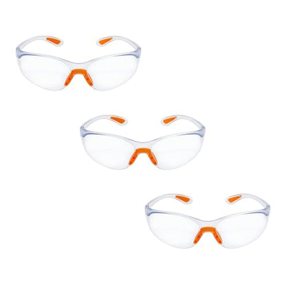 Three pairs of safety glasses with orange accents on a white background