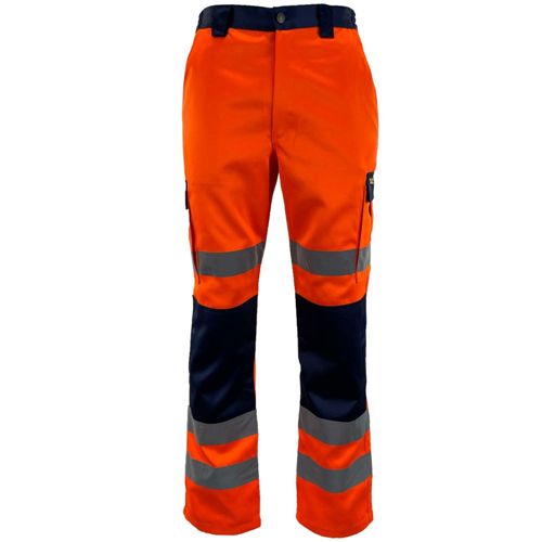 Orange and navy high-visibility work pants on a white background