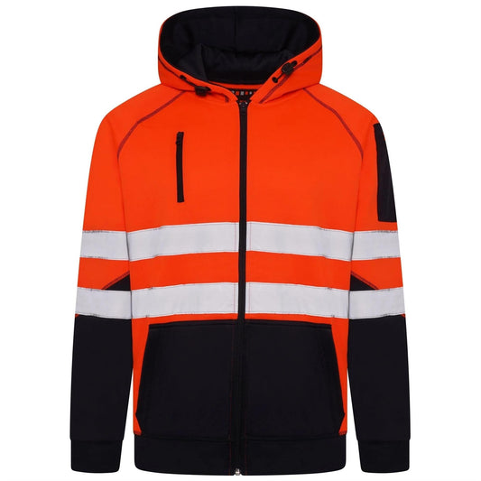 Orange and black safety jacket with reflective stripes on a white background