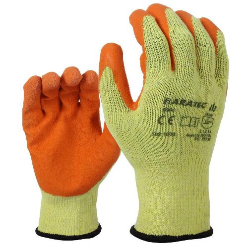 Pair of orange and green gloves with brand name on a white background