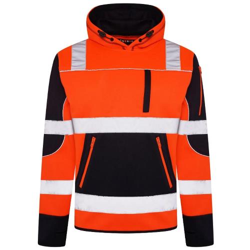 Orange and black safety jacket with reflective stripes on a white background