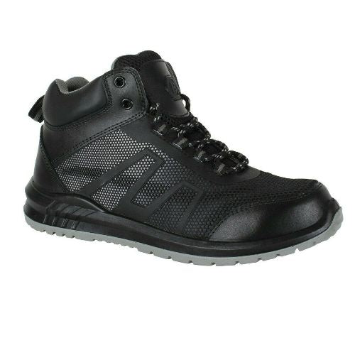 Black high-top sneaker with mesh design on a white background