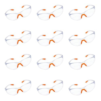 Multiple pairs of clear safety glasses with orange accents on a white background
