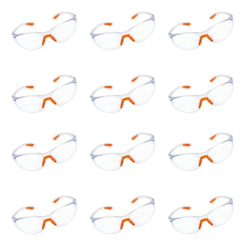 Multiple pairs of clear safety glasses with orange accents on a white background