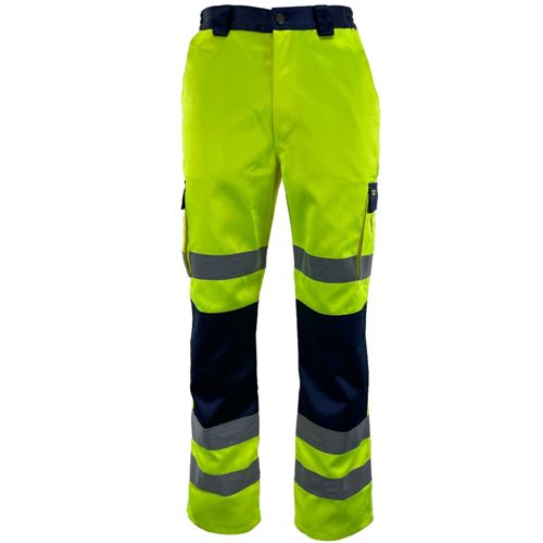 High-visibility work pants with reflective stripes on a white background