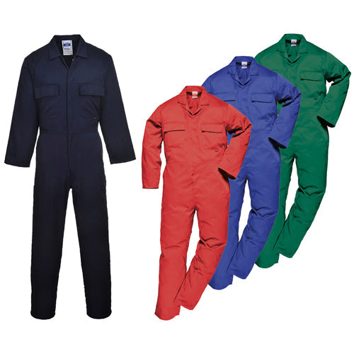 Four colorful coveralls (black, red, blue, green) on a white background