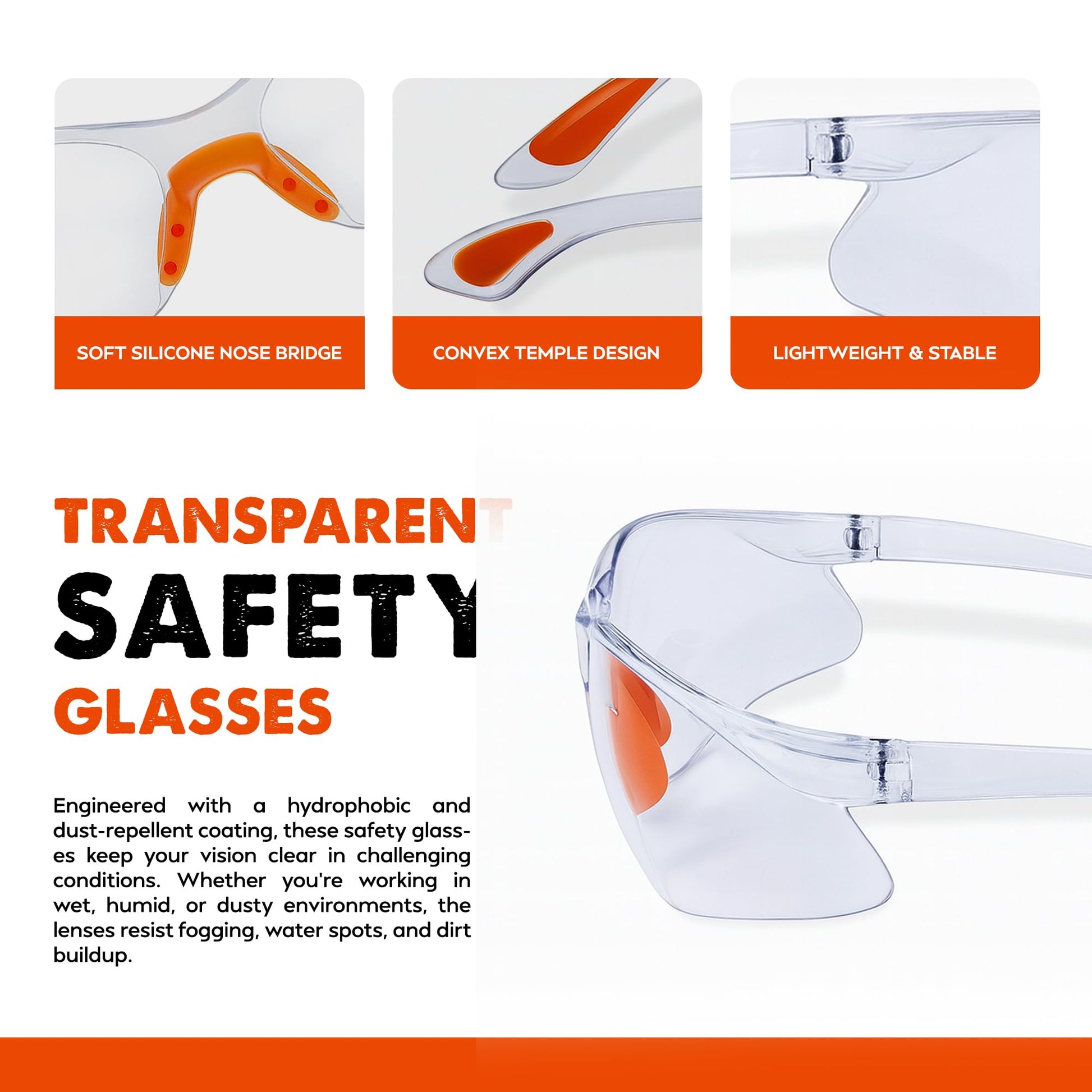Transparent safety glasses with features highlighted on a white background
