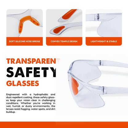 Transparent safety glasses with features highlighted on a white background