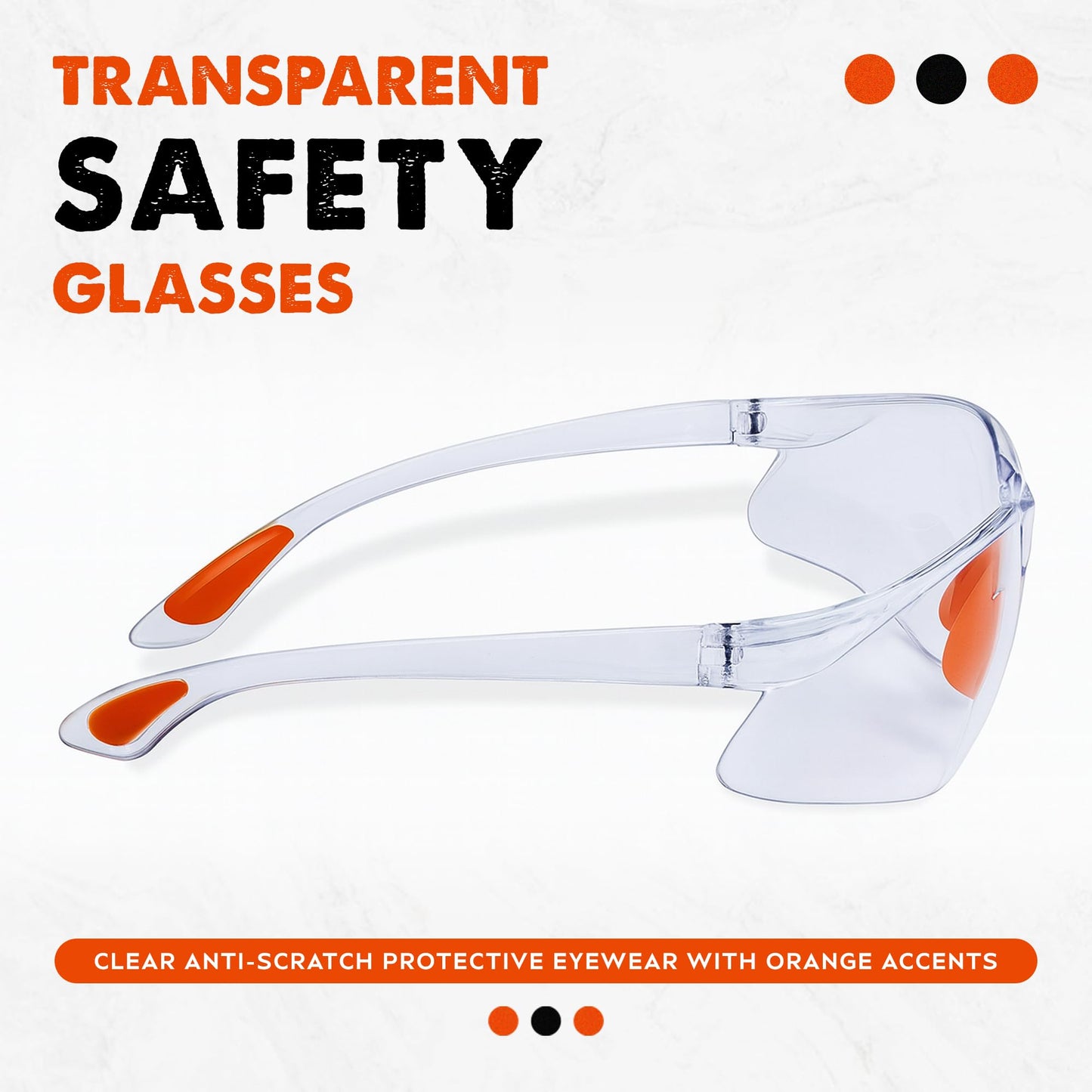 Transparent safety glasses with orange accents on a white background