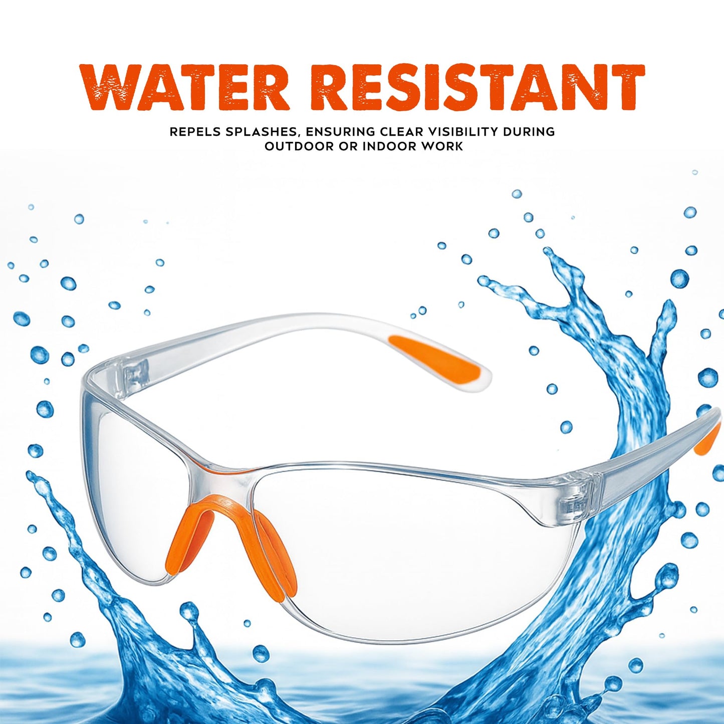 Water-resistant safety glasses with orange accents on a background of water splashes.