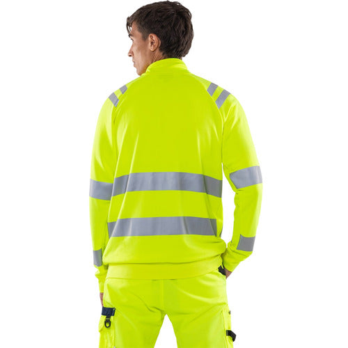 Person wearing a bright yellow safety jacket with reflective stripes on a white background