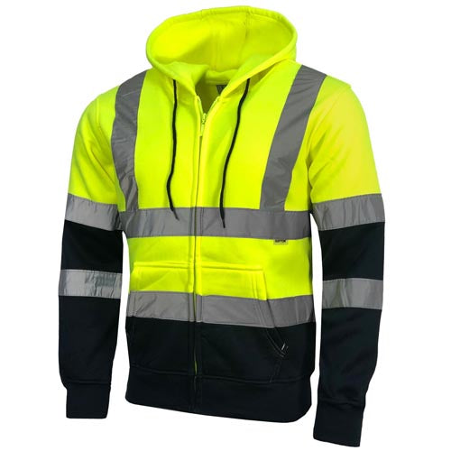 High-visibility hoodie with reflective stripes on a white background