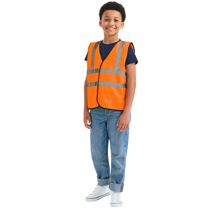Child wearing an orange safety vest on a white background