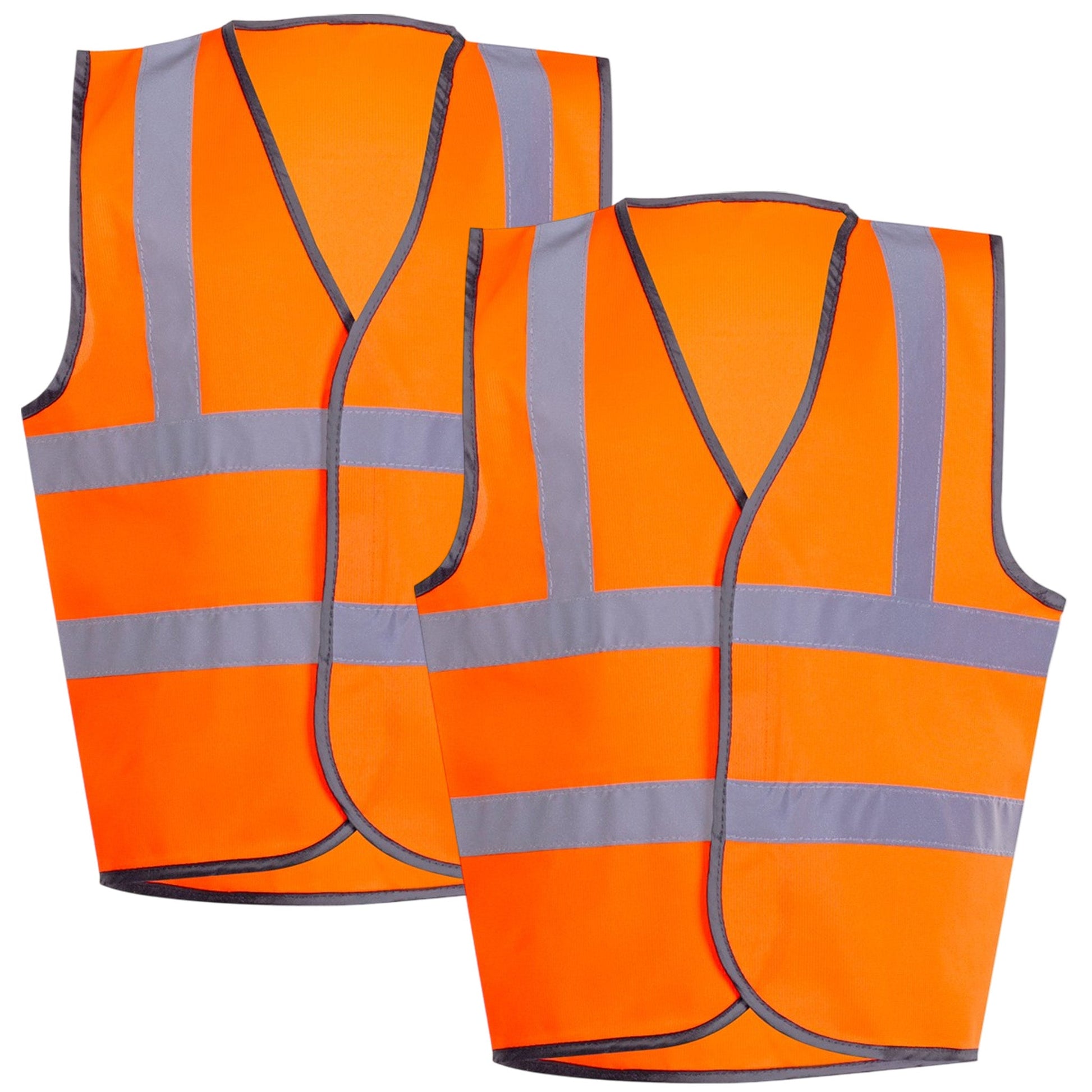 Two orange safety vests with reflective stripes on a white background