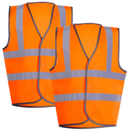 Two orange safety vests with reflective stripes on a white background
