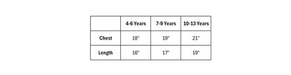 Measurement chart for children's clothing sizes 4-6, 7-9, and 10-13 years.