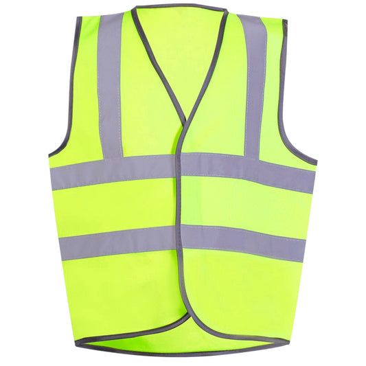 Yellow safety vest with reflective stripes on a white background
