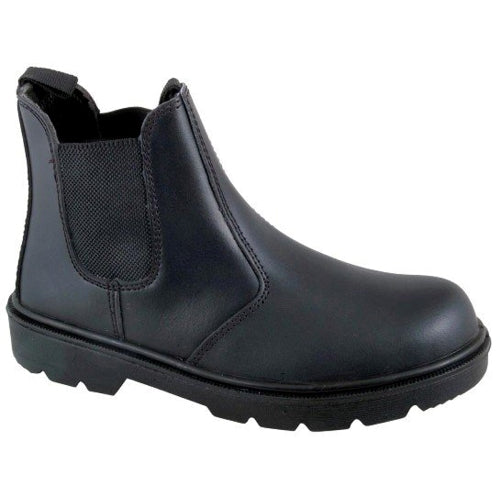 Black leather boot with a white background