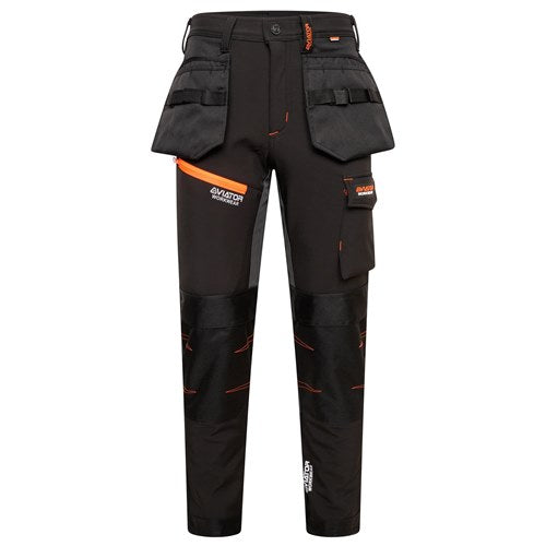 Black work pants with orange accents on a white background