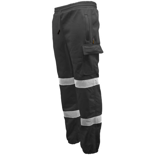 Black cargo pants with reflective stripes on a white background