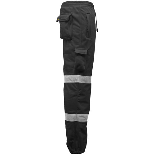 Black work pants with reflective stripes on a white background