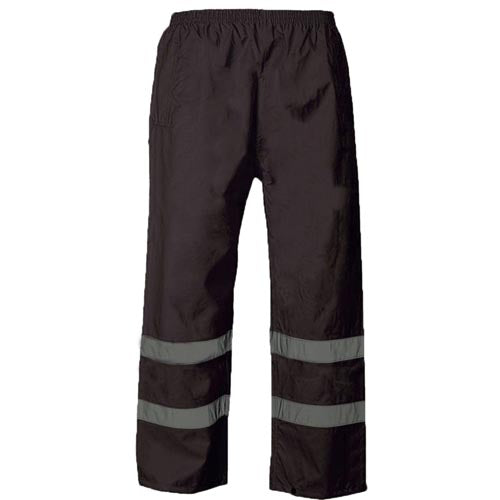 Black rain pants with reflective stripes on a white background