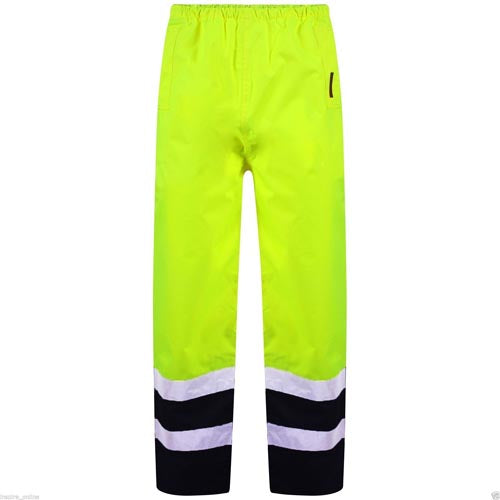 High-visibility yellow pants with reflective stripes on a white background