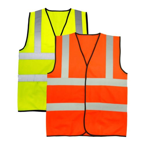 Two safety vests, one yellow and one orange, on a white background