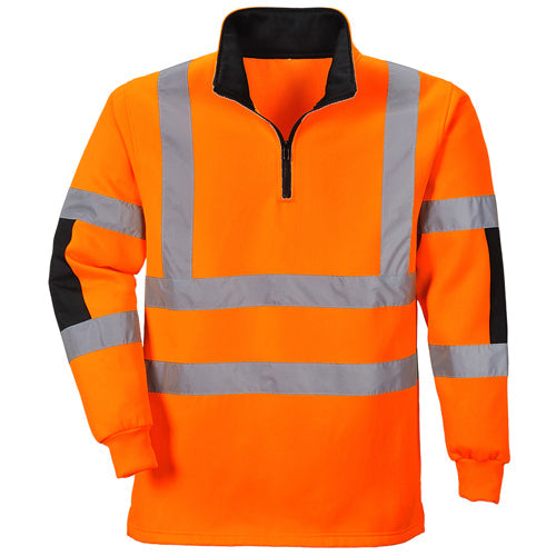Orange high-visibility work shirt with reflective stripes on a white background