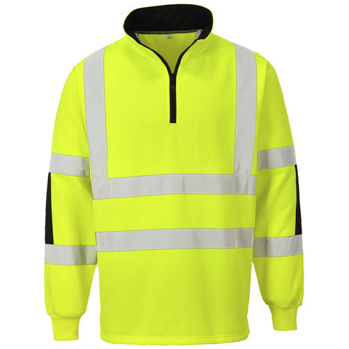 High-visibility yellow safety jacket with reflective stripes on a white background
