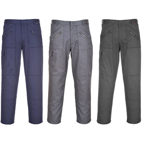 Three pairs of pants in blue, gray, and dark gray on a white background